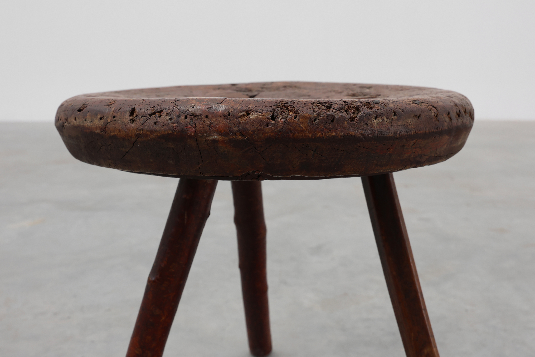 Rustic Wabi Sabi style solid oak tripod stool, France ca. 1850thumbnail